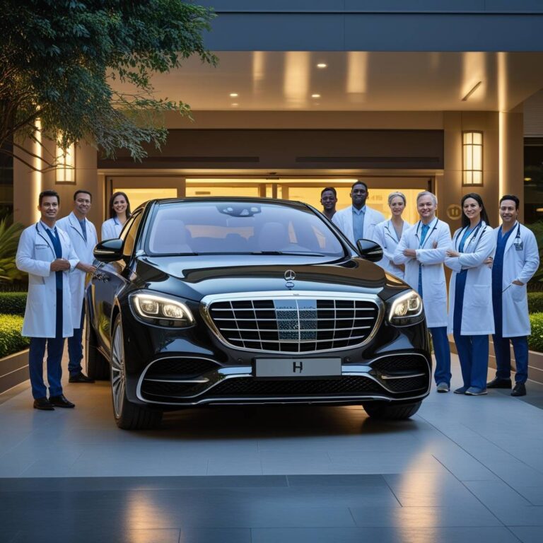 sleek_highend_vehicle_such_as_a_black_colour and medical staff